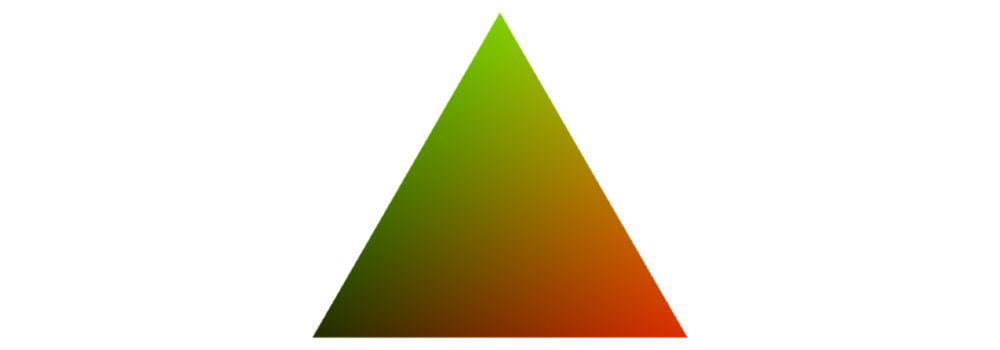 An equilateral triangle, green on top, black on the bottom-left and red on the bottom-right, with colors interpolated in between.