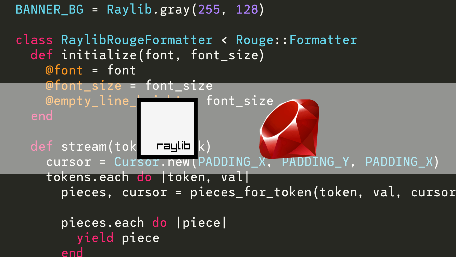 An application that shows the Raylib logo, the Ruby logo and the source code for itself