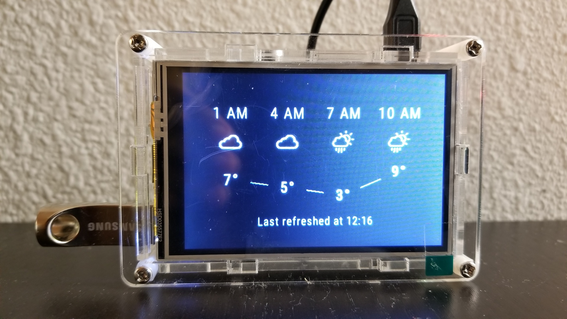 Four weather predictions are shown at three hour intervals. Each prediciton has an icon showing the predicted weather, and a predicted temperature. The temperatures are connected in a line chart.