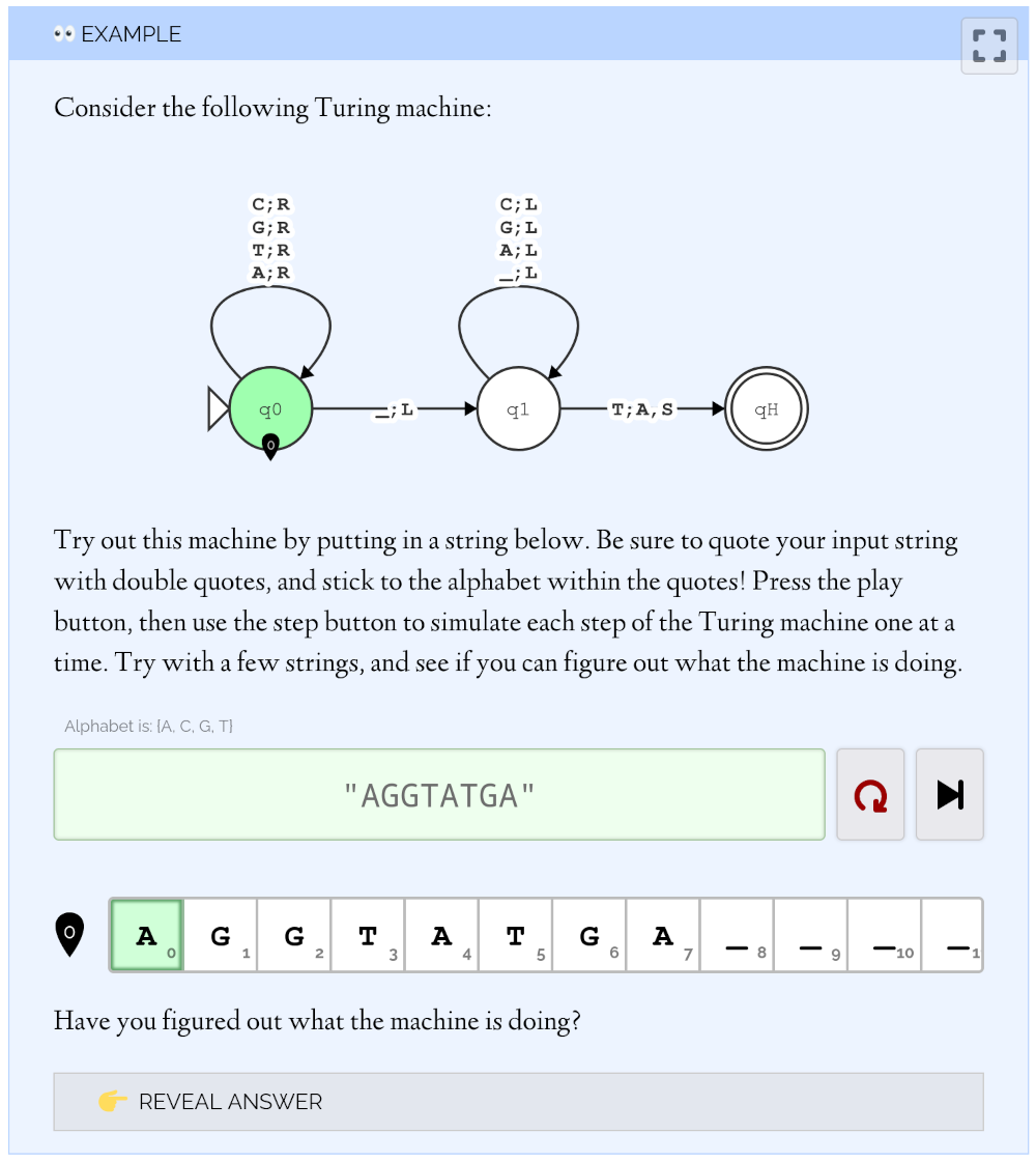 Screenshot from Interactive Computer Science, showing a running Turing machine with the current configuration of the machine highlighted