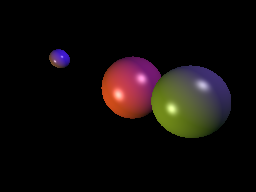 Three spheres of three different colors. All the spheres are shaded according to the light sources and viewing angle.